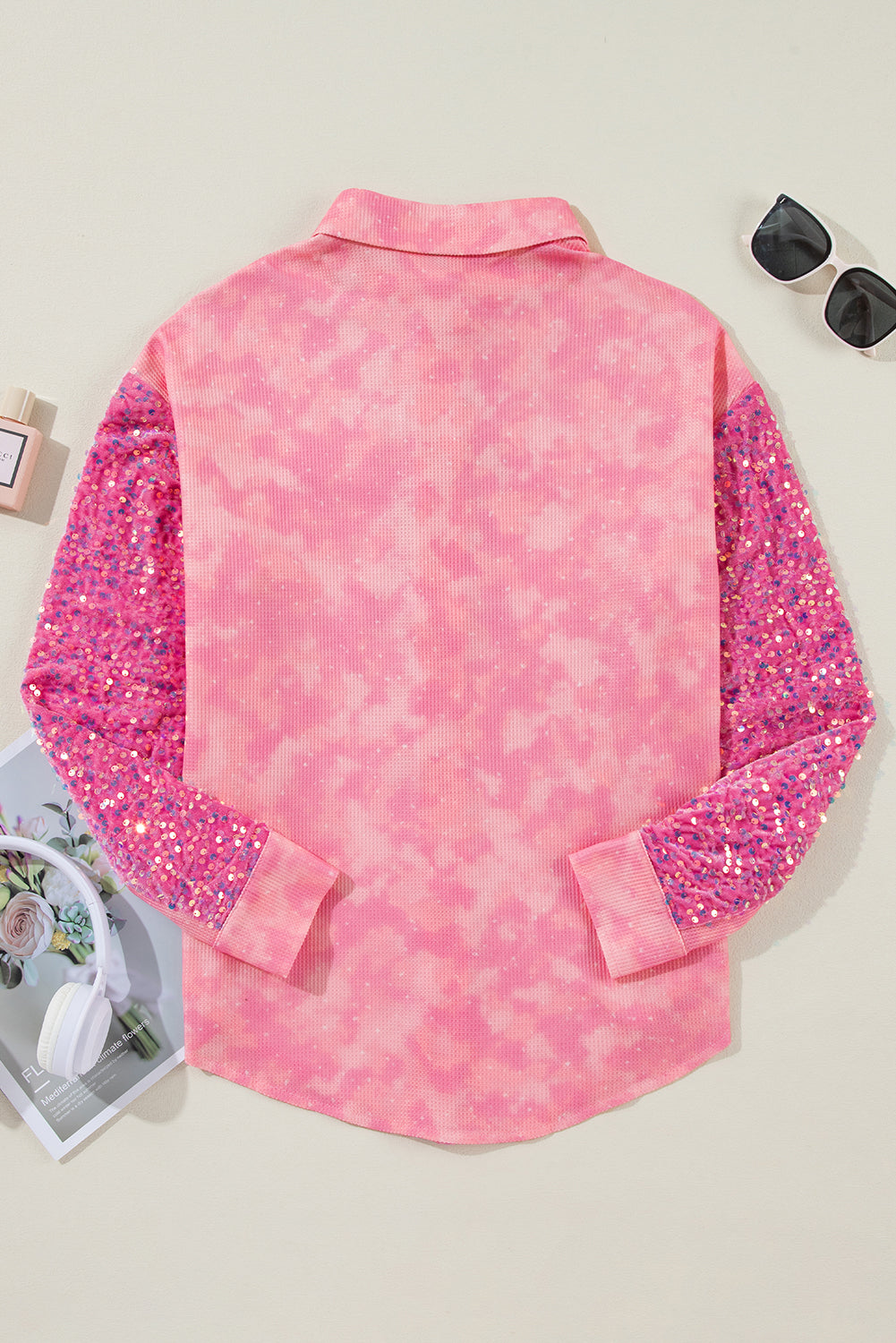Apricot Pink Mineral Wash Sequin Patchwork Flap Pocket Shacket Jackets JT's Designer Fashion
