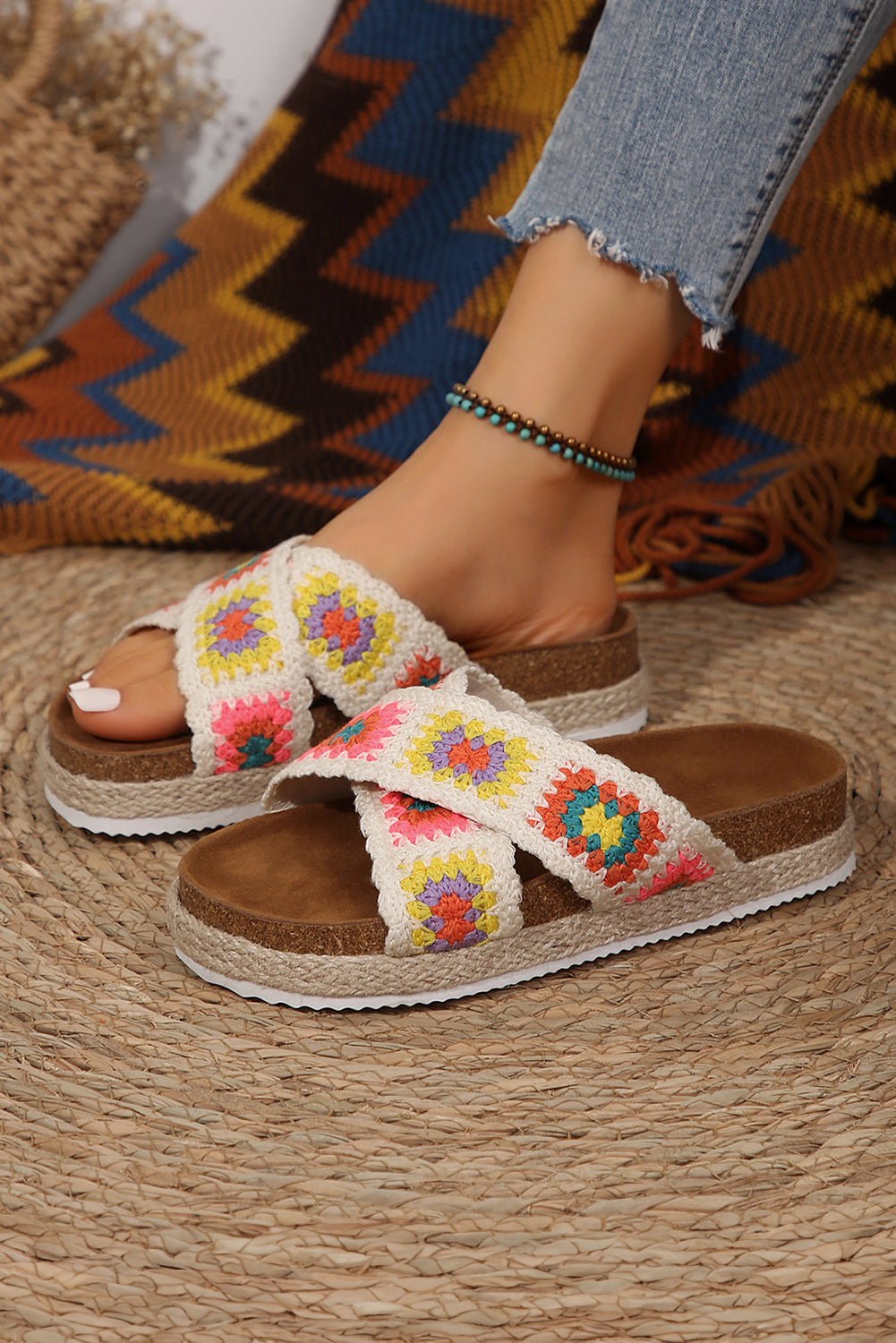 White Geometric Woven Crisscross Strap Platform Slippers Slippers JT's Designer Fashion