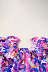 Purple Flower Print Short Puff Sleeve Ruffled Dress Floral Dresses JT's Designer Fashion