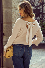Apricot Lantern Sleeve V Neck Knot Back Sweater Sweaters JT's Designer Fashion