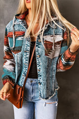Multicolor Aztec Print Frayed Hem Denim Jacket Multicolor 75%Cotton+25%Polyester Denim Jackets JT's Designer Fashion