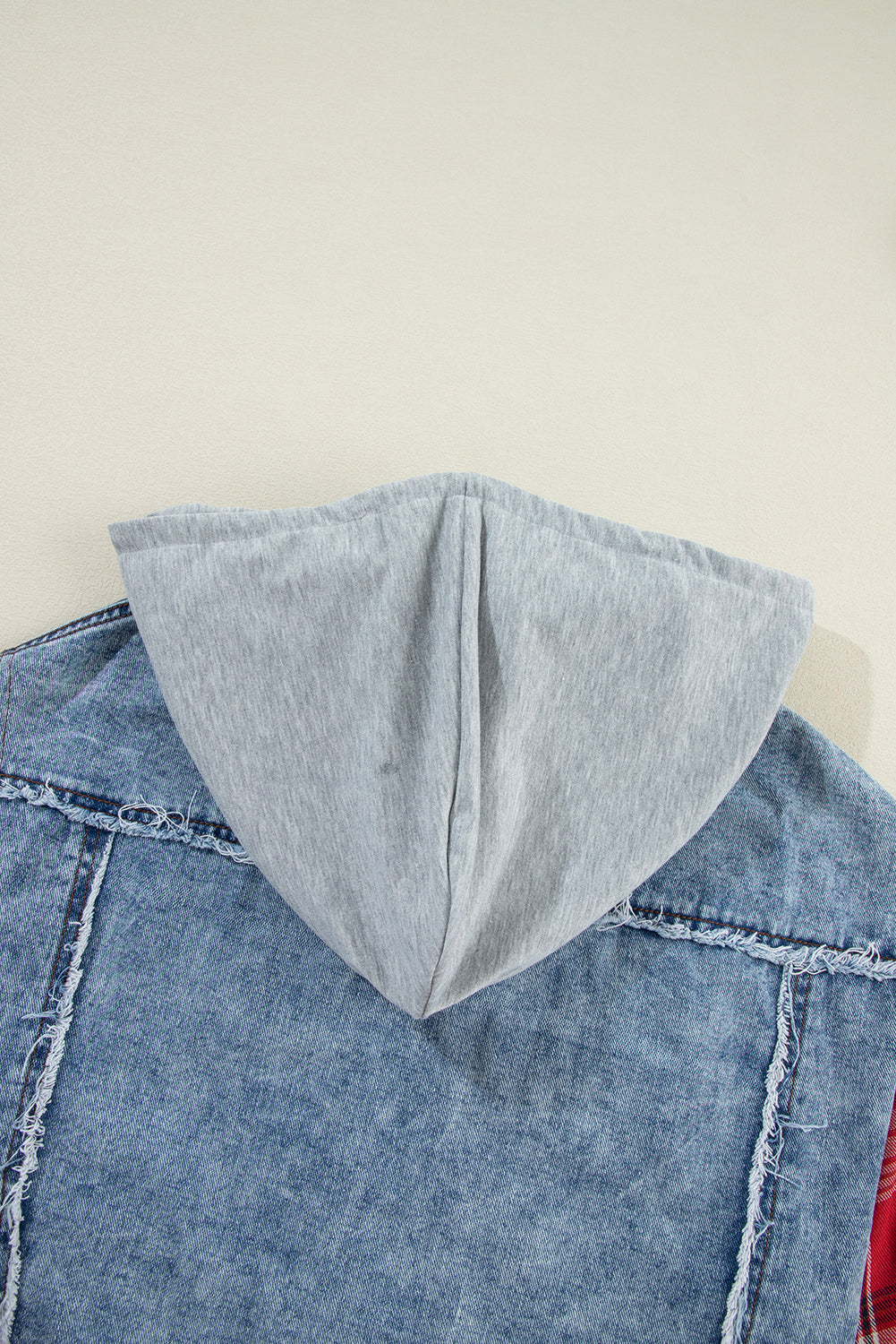 Beau Blue Plaid Print Patchwork Hooded Raw Hem Denim Jacket Denim Jackets JT's Designer Fashion