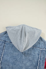 Beau Blue Plaid Print Patchwork Hooded Raw Hem Denim Jacket Denim Jackets JT's Designer Fashion