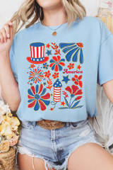 Light Blue America Floral Firework Print 4th of July T Shirt Graphic Tees JT's Designer Fashion