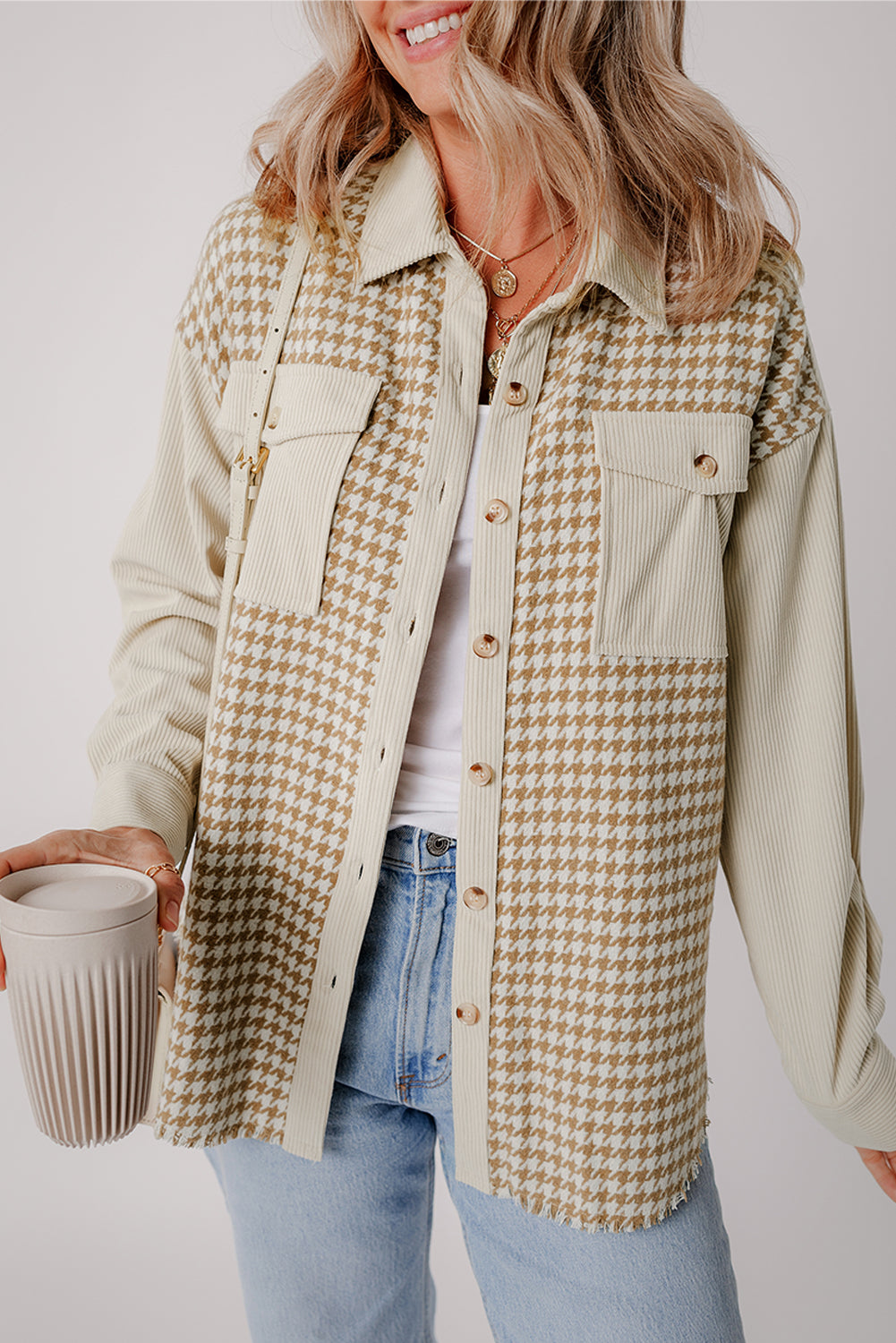 Parchment Houndstooth Corduroy Patchwork Flap Pocket Shacket Jackets JT's Designer Fashion