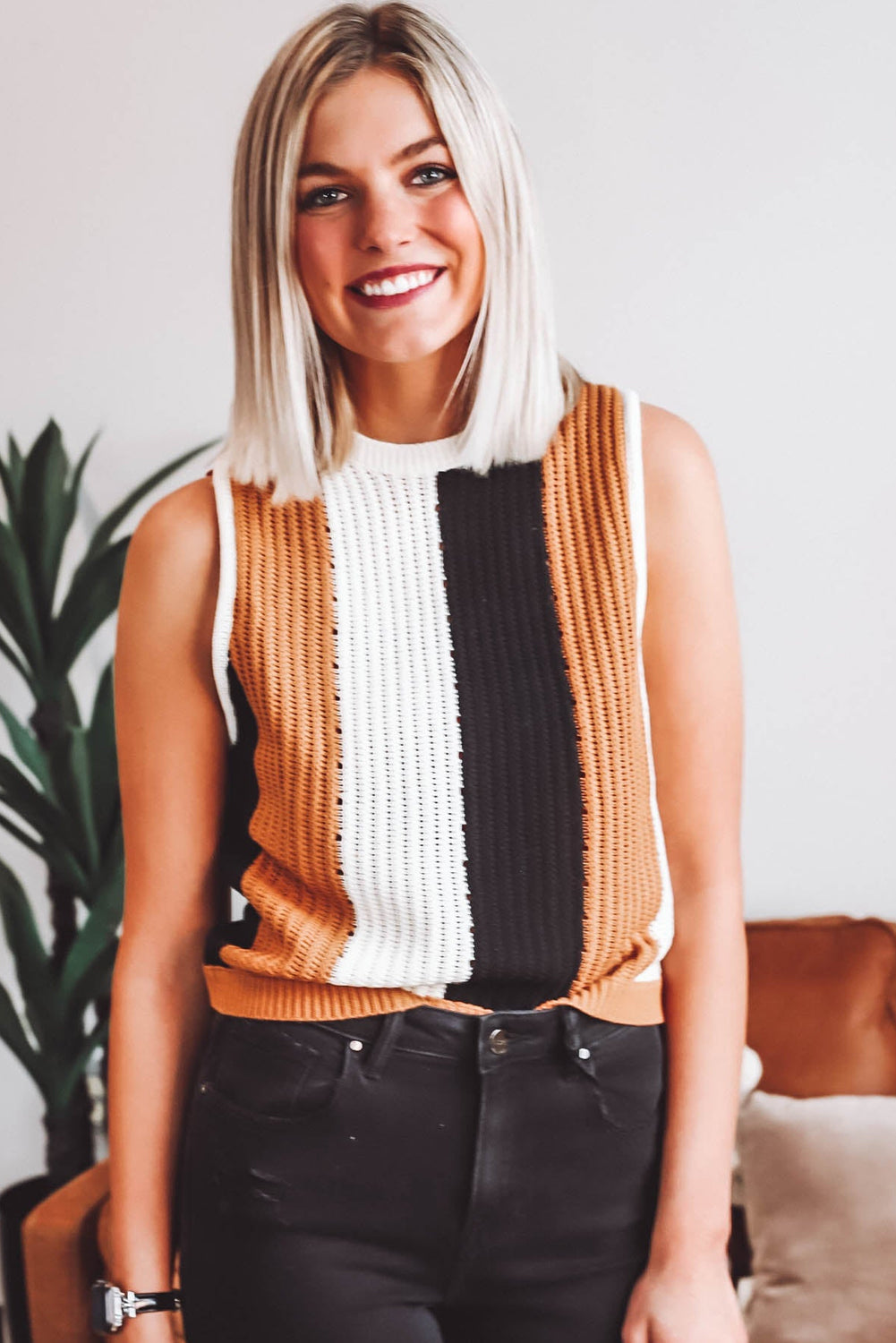 Khaki Stripe Color Block Sleeveless Knitted Sweater Sweaters & Cardigans JT's Designer Fashion