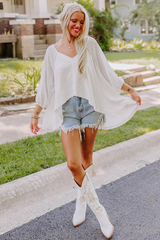White Eyelet Patchwork High Low Hem V Neck Oversized Top Long Sleeve Tops JT's Designer Fashion