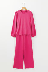 Rose Red Textured Puff Sleeve Top and Pants Set Pant Sets JT's Designer Fashion