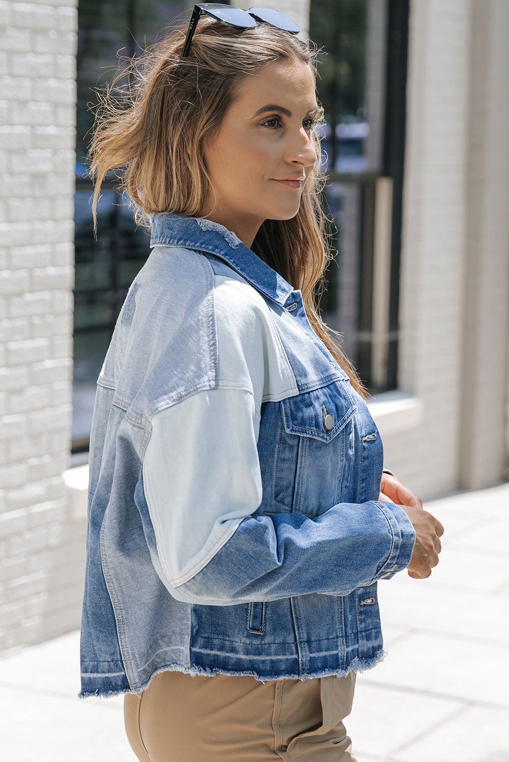 Sky Blue Color Block Denim Patchwork Frayed Hem Jacket Denim Jackets JT's Designer Fashion