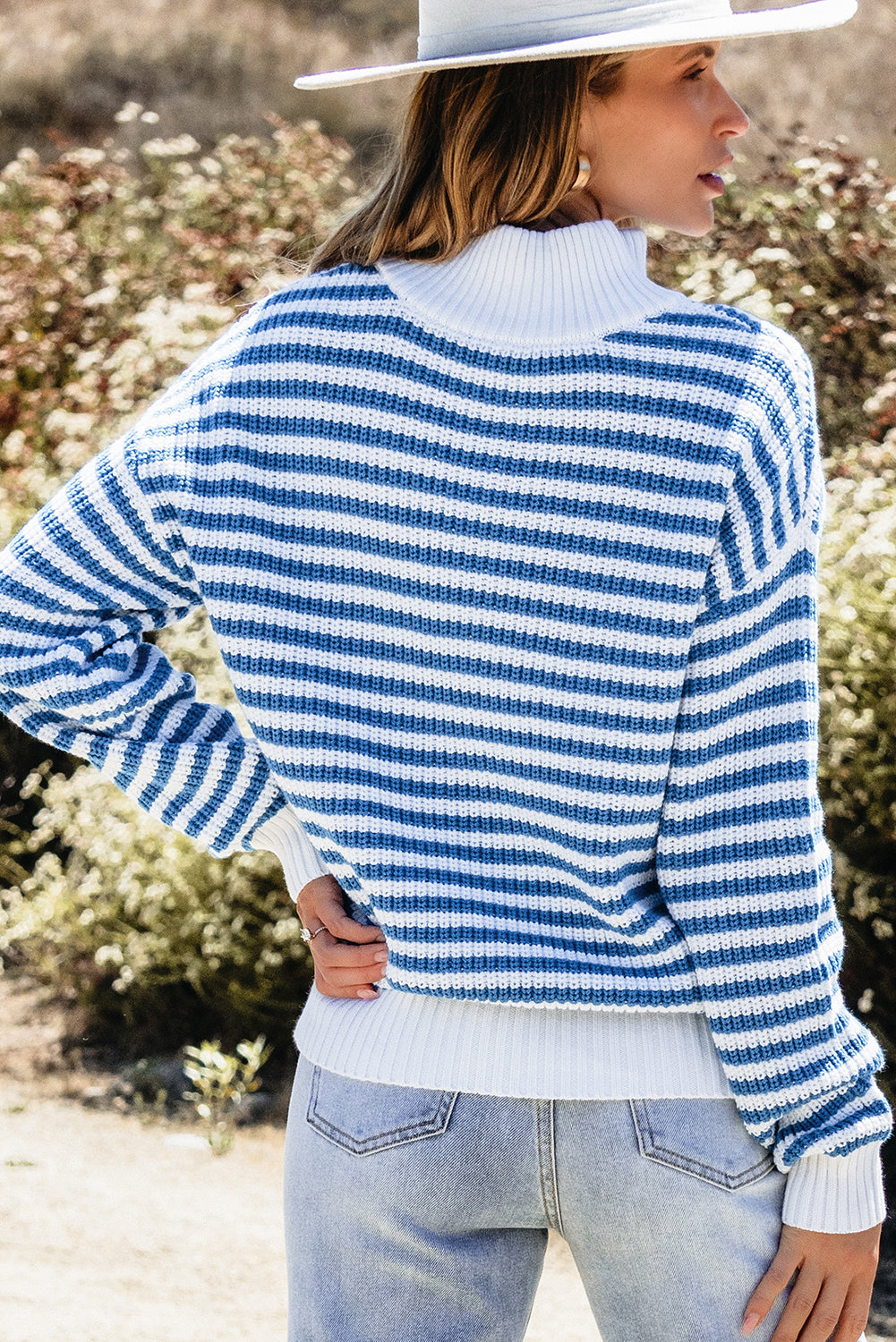 Sky Blue Stripe Zip up Collar Drop Shoulder Sweater Sweaters JT's Designer Fashion