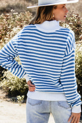 Sky Blue Stripe Zip up Collar Drop Shoulder Sweater Sweaters JT's Designer Fashion