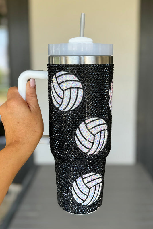 Black 40 Oz Rhinestone Volleyball Tumbler with Handle Tumblers JT's Designer Fashion