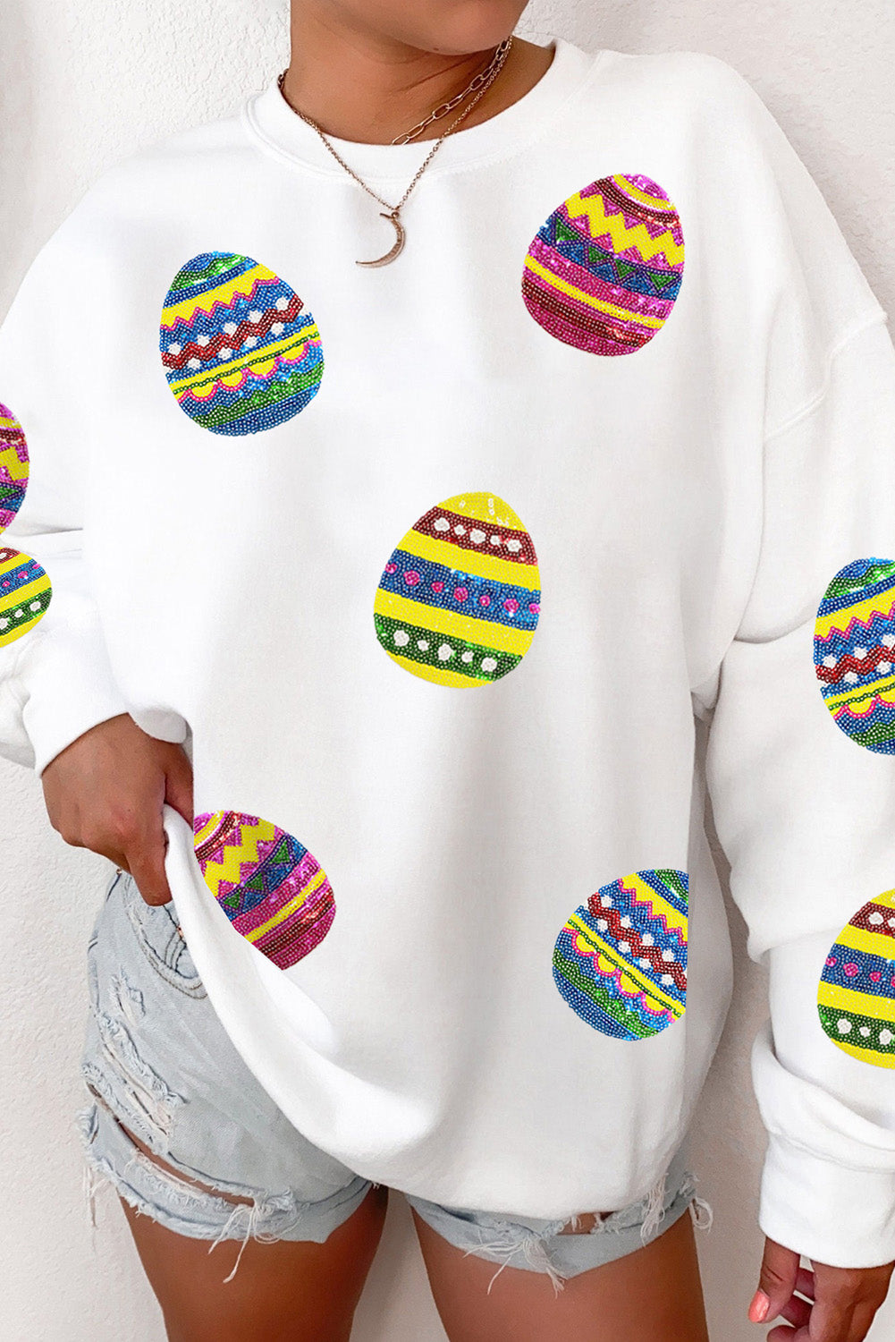 Beige Eater Egg Sequin Patched Crew Neck Sweatshirt Beige 50%Polyester+50%Cotton Graphic Sweatshirts JT's Designer Fashion