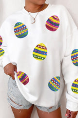 Beige Eater Egg Sequin Patched Crew Neck Sweatshirt Beige 50%Polyester+50%Cotton Graphic Sweatshirts JT's Designer Fashion