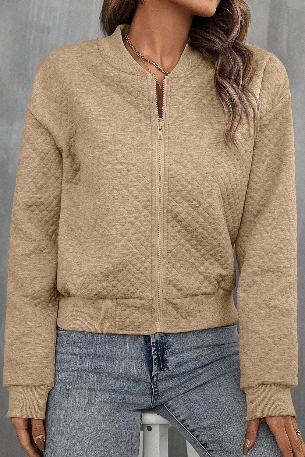 Pale Khaki Solid Geometric Textured Baseball Collar Jacket Jackets JT's Designer Fashion
