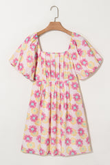 Rose Vibrant Floral Square Neck Puff Sleeve Pleated Flared Midi Dress Floral Dresses JT's Designer Fashion