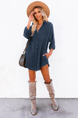 Blue Corduroy Shirt Style Full Button Long Sleeve Shift Mini Dress Mini Dresses JT's Designer Fashion