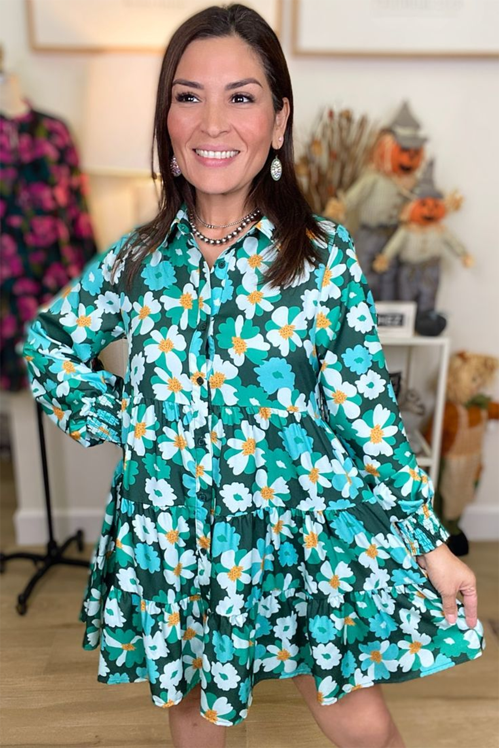 Green Floral Tiered Long Puff Sleeve Shirt Dress Floral Dresses JT's Designer Fashion