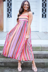 Multicolour Striped Thin Straps Smocked Back Boho Maxi Dress Dresses JT's Designer Fashion
