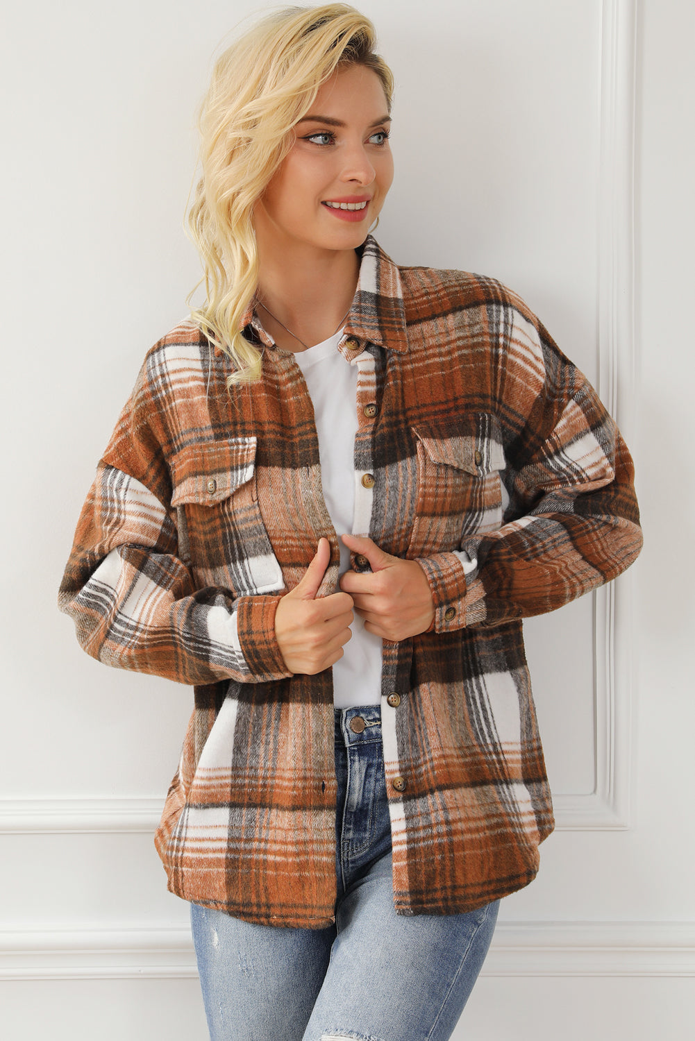 Brown Plaid Flap Pockets Shacket Plaid Shackets JT's Designer Fashion