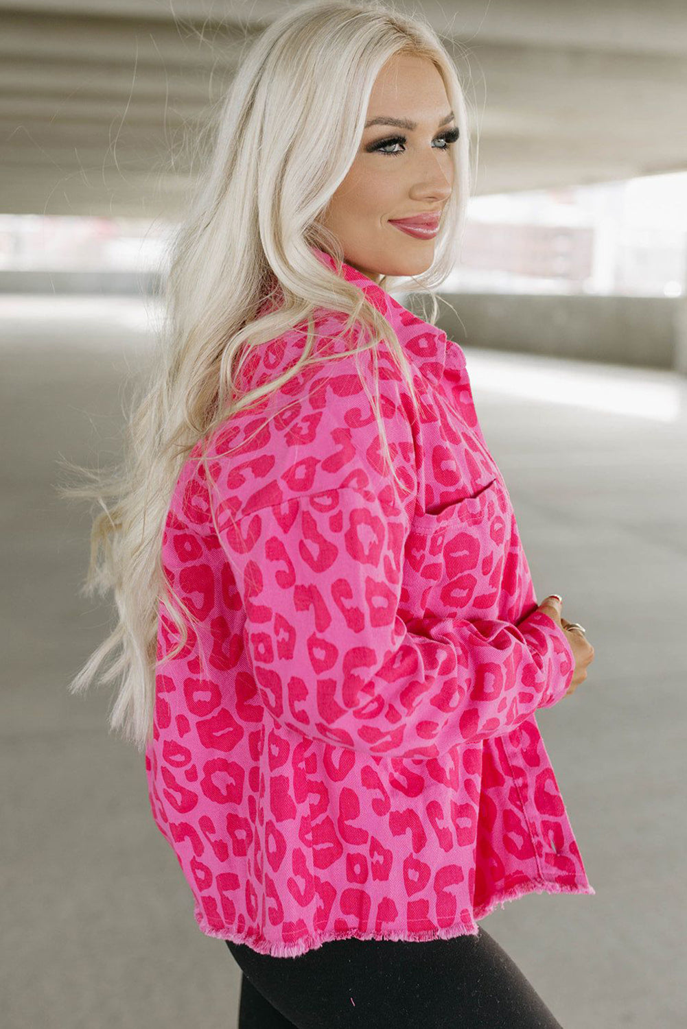 Pink Leopard Print Button Cuffs Raw Hem Jacket Denim Jackets JT's Designer Fashion