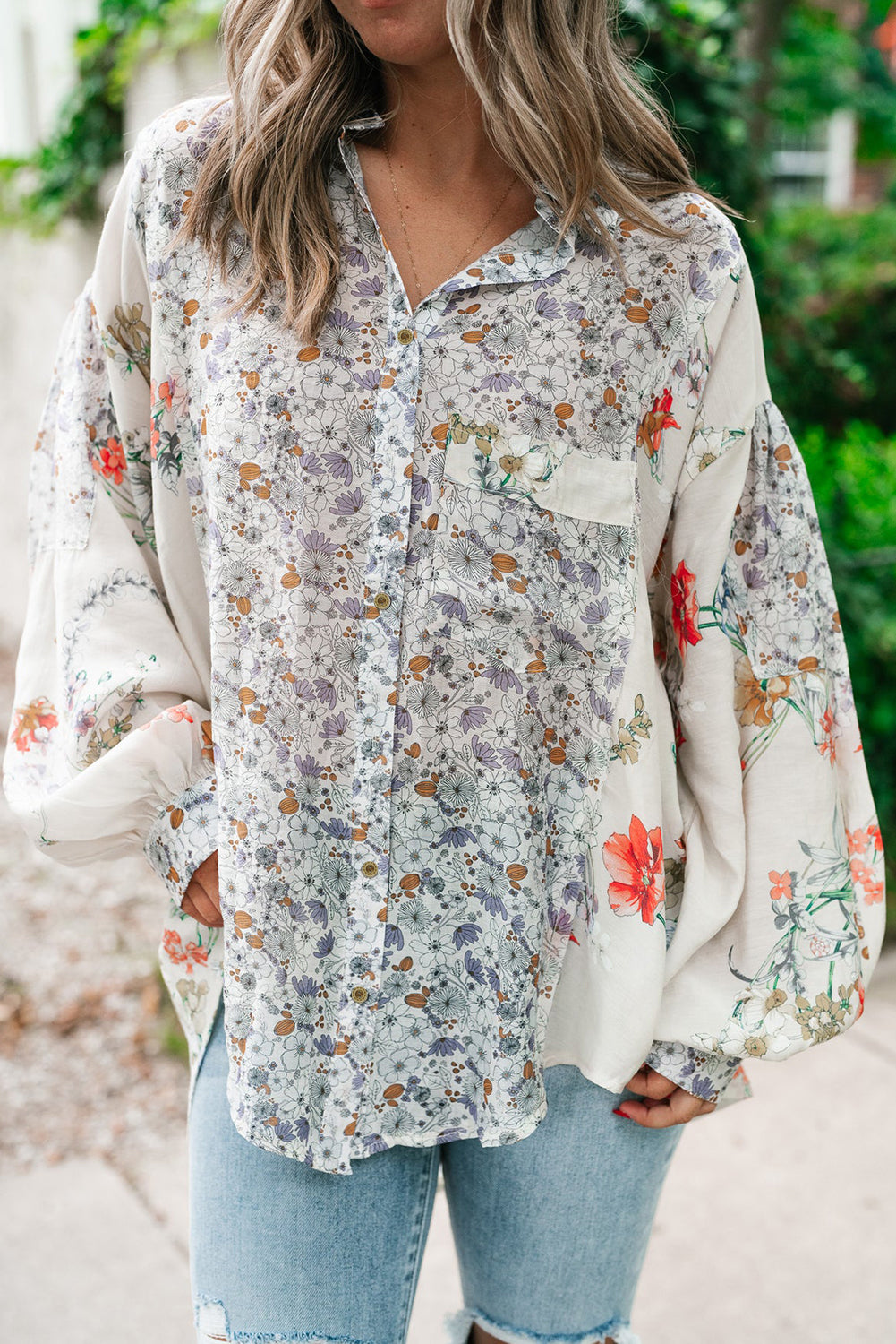 Purple Boho Floral Bishop Sleeve Button Up Loose Shirt Purple 100%Polyester Blouses & Shirts JT's Designer Fashion