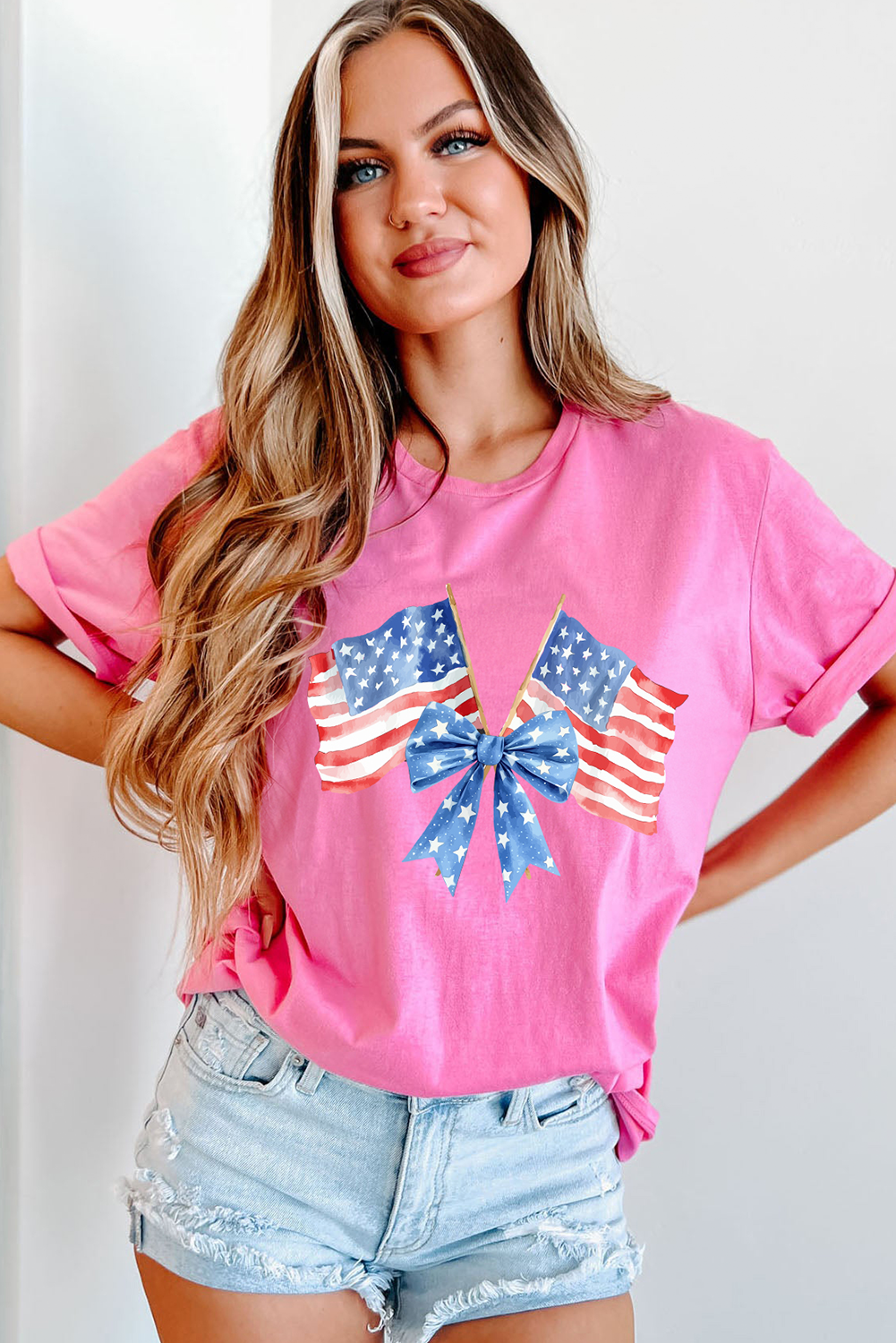 Sachet Pink Dual American Flag Bow Printed Casual T Shirt Graphic Tees JT's Designer Fashion