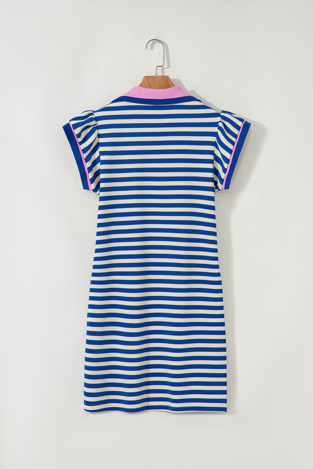 Dark Blue Stripe Print Contrast Collar Split Neck Flutter Sleeve Short Dress Mini Dresses JT's Designer Fashion