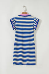 Dark Blue Stripe Print Contrast Collar Split Neck Flutter Sleeve Short Dress Mini Dresses JT's Designer Fashion