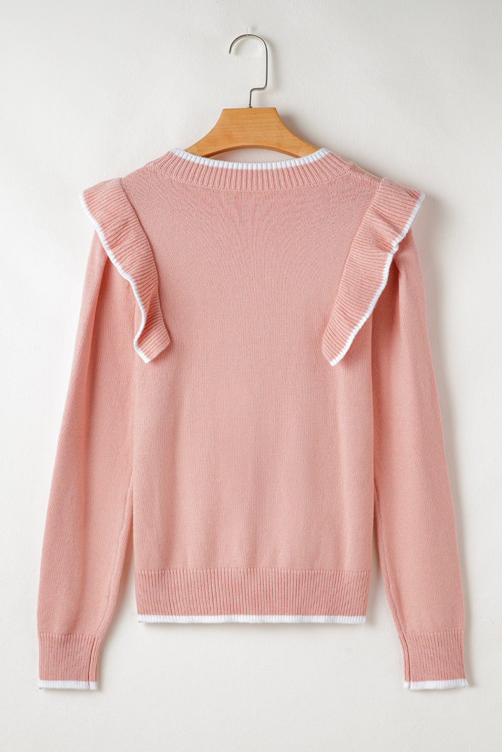 Light Pink Ruffled Bowknot Ribbed Trim Long Sleeve Sweater Sweaters JT's Designer Fashion