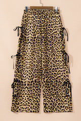 Brown Leopard Print Bow Tie Drawstring Elastic Waist Loose High Waist Pants Pants & Culotte JT's Designer Fashion