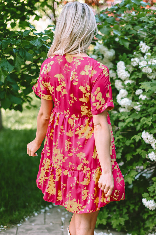 Rose Floral Print Batwing Sleeve Smock Dress Floral Dresses JT's Designer Fashion