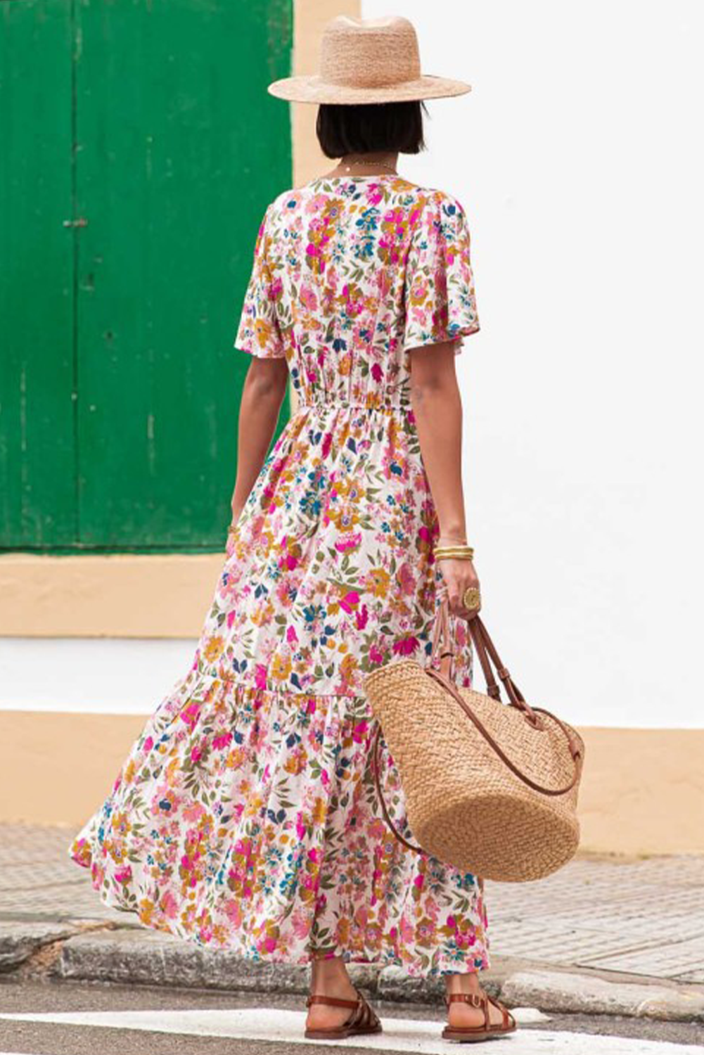 Red Floral Short Sleeve V Neck High Waist Maxi Dress Floral Dresses JT's Designer Fashion