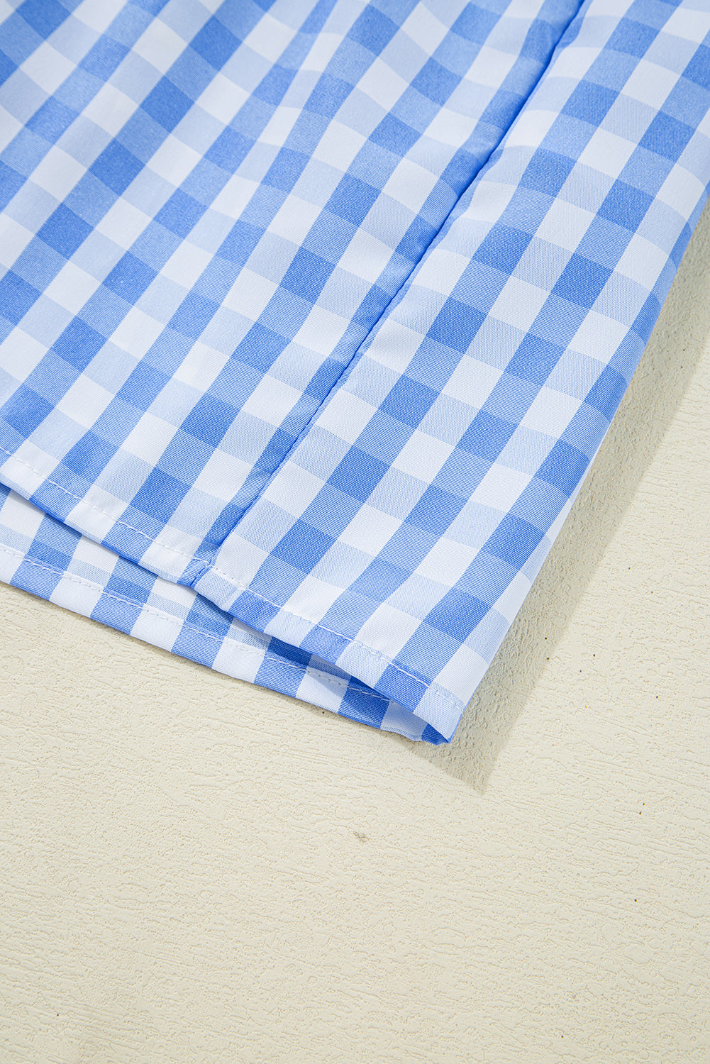 Sky Blue Gingham Short Sleeve Button Tie Split Neck Loose Mini Dress Mini Dresses JT's Designer Fashion