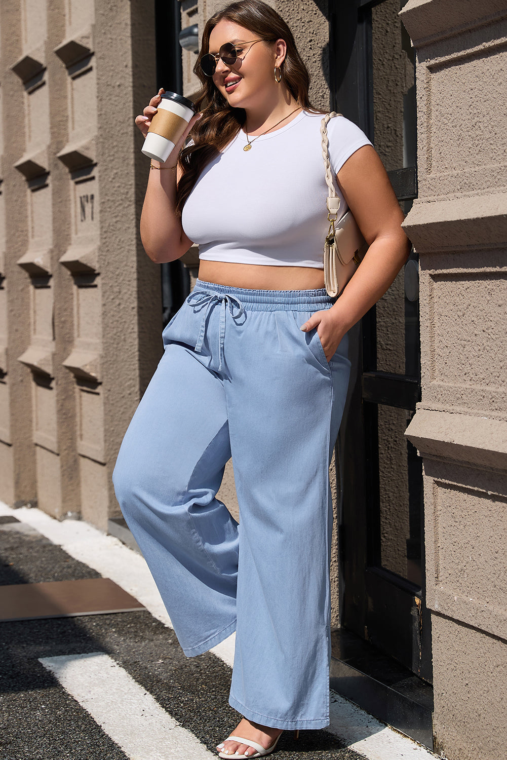 Beau Blue Casual Wide Slit Leg High Waist Loose Plus Size Jeans Plus Size Bottoms JT's Designer Fashion