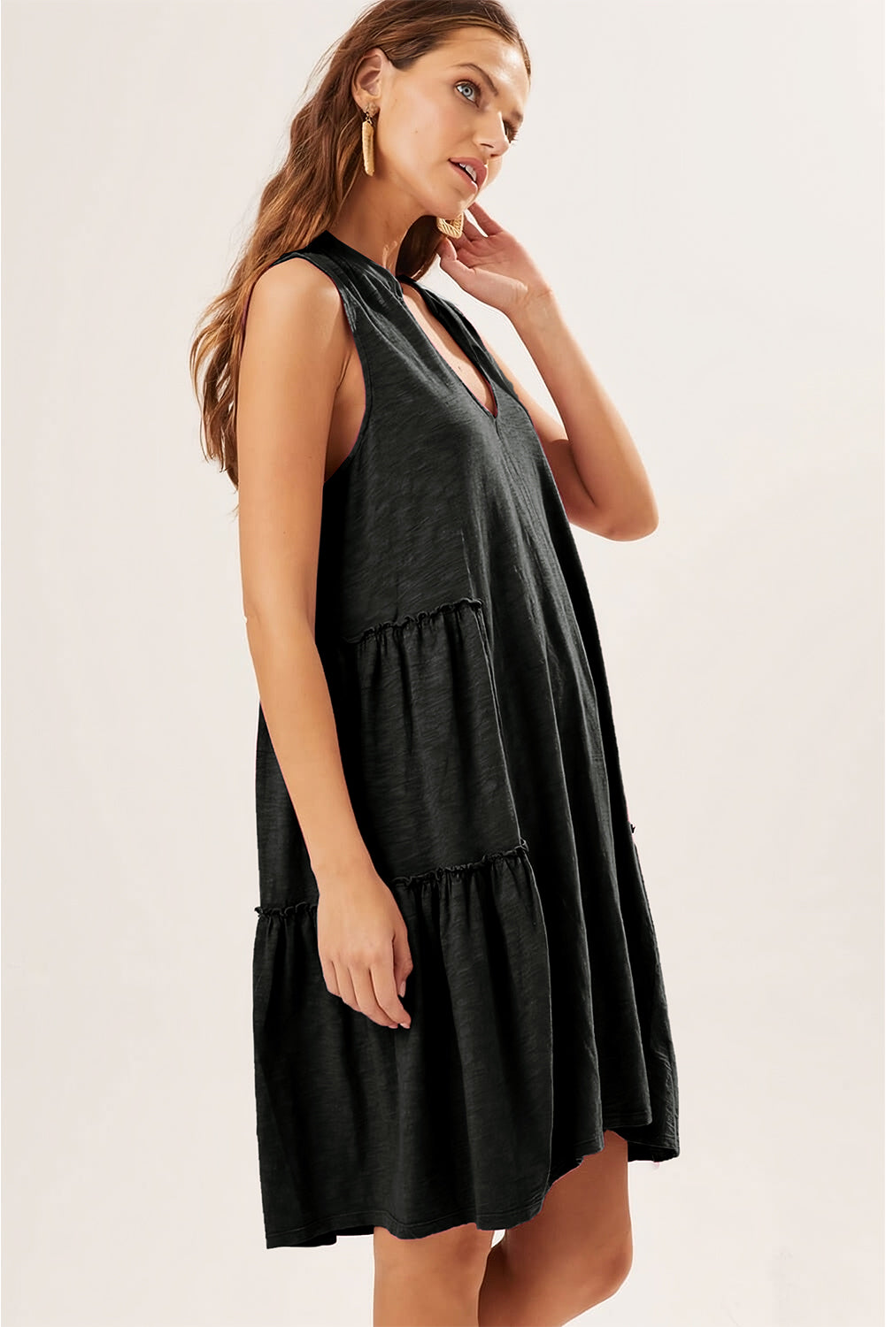 Black Split V Neck Tiered Flowy Sleeveless Dress Dresses JT's Designer Fashion