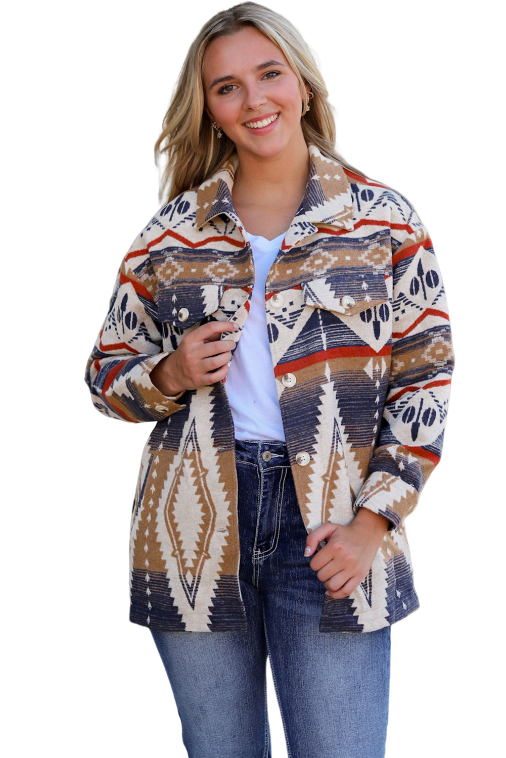 Multicolor Aztec Print Button-Up Oversized Jacket Jackets JT's Designer Fashion
