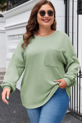 Clearly Aqua Plus Size Corded Knit Pocketed Crew Neck Top Plus Size Long Sleeve Tops JT's Designer Fashion