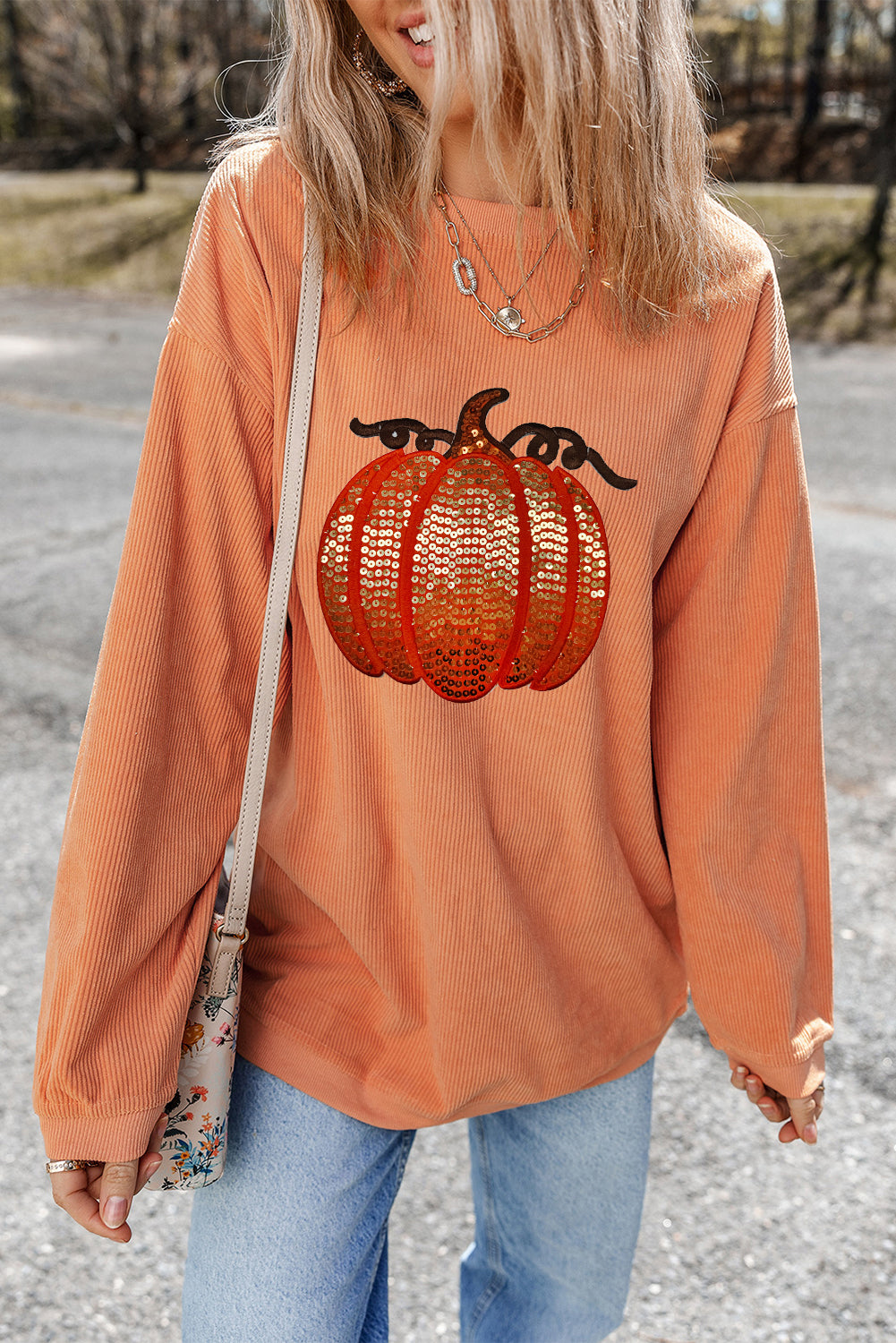Orange Sequined Pumpkin Ribbed Round Neck Halloween Sweatshirt Orange-3 100%Polyester Graphic Sweatshirts JT's Designer Fashion