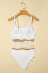 White Textured Contrast Banding Bikini High Waist 2pcs Swimsuit High Waisted Swimsuit JT's Designer Fashion