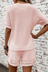 Pink Fringe Trim Textured Short Two Piece Set Short Sets JT's Designer Fashion
