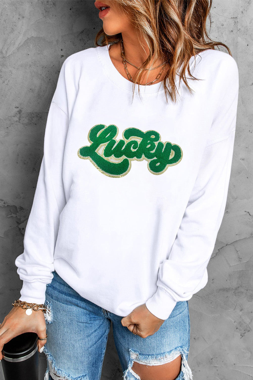 White Shiny Trim Chenille Lucky Pattern Sweatshirt White 70%Polyester+30%Cotton Graphic Sweatshirts JT's Designer Fashion