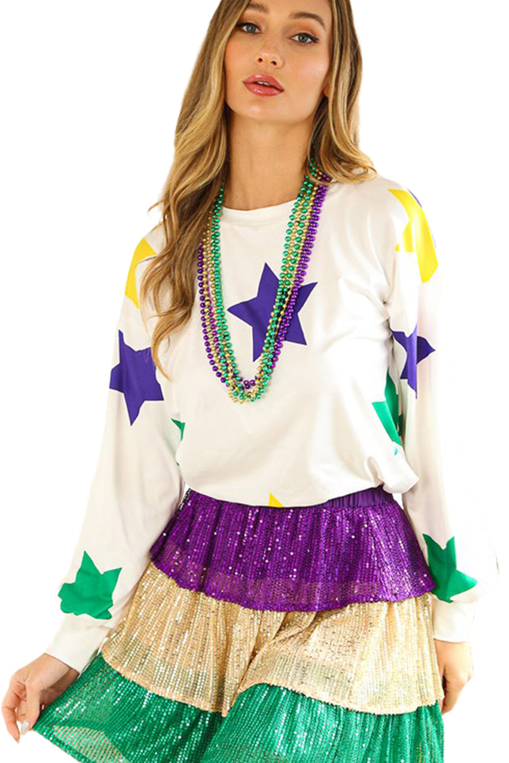 White Mardi Gras Star Printed Long Sleeve Top Long Sleeve Tops JT's Designer Fashion