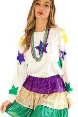 White Mardi Gras Star Printed Long Sleeve Top Long Sleeve Tops JT's Designer Fashion