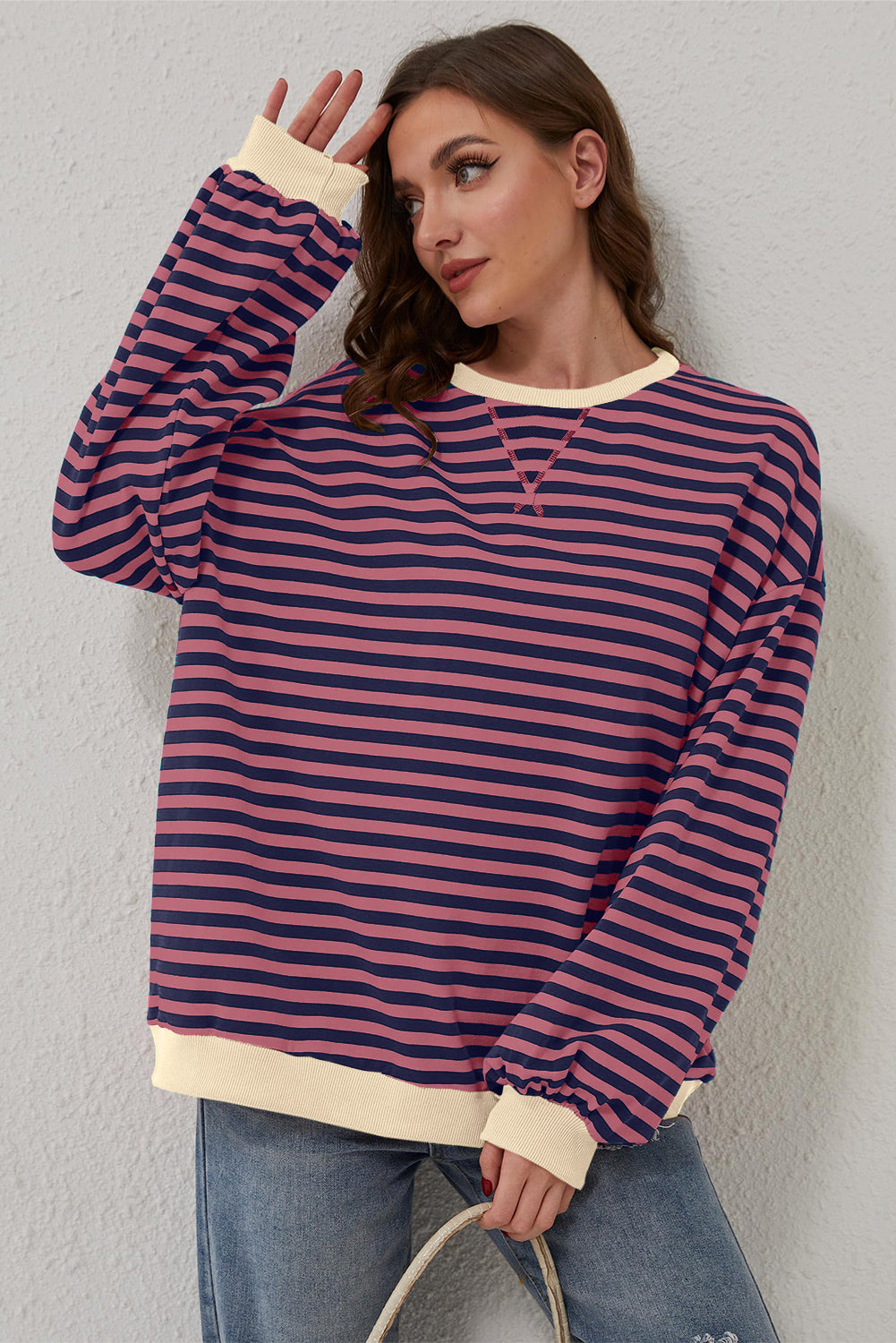 Red Stripe Oversized Contrast Trim Pullover Sweatshirt Sweatshirts & Hoodies JT's Designer Fashion