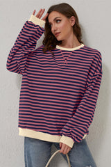 Red Stripe Oversized Contrast Trim Pullover Sweatshirt Sweatshirts & Hoodies JT's Designer Fashion