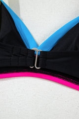 Black Color Block Drawstring Side V Neck High Waist Bikini Set Bikinis JT's Designer Fashion