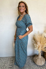 Blue Vintage Boho Floral Smocked Short Puff Sleeve Wide Leg Jumpsuit Jumpsuits & Rompers JT's Designer Fashion