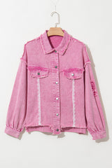 Pink Lace Patchwork Distressed Buttoned Denim Jacket Denim Jackets JT's Designer Fashion
