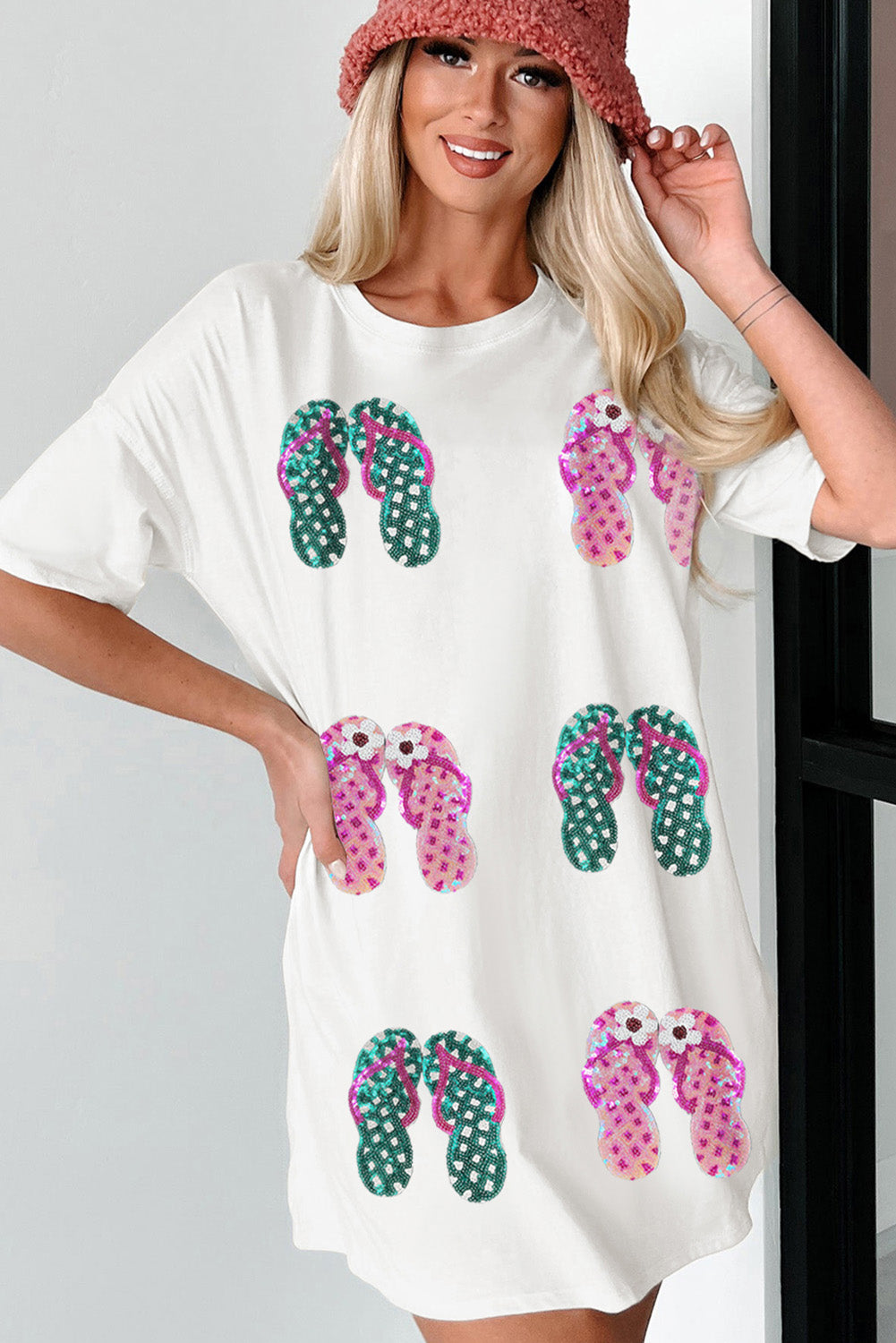 White Sequin Flip Flops Graphic Tunic T Shirt Graphic Tees JT's Designer Fashion